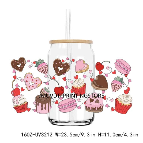 Valentines Heart Strawberry Drink 16OZ UV DTF Cup Wrap Transfers Stickers Custom Labels DIY Waterproof Logo For Libbey Glass Can