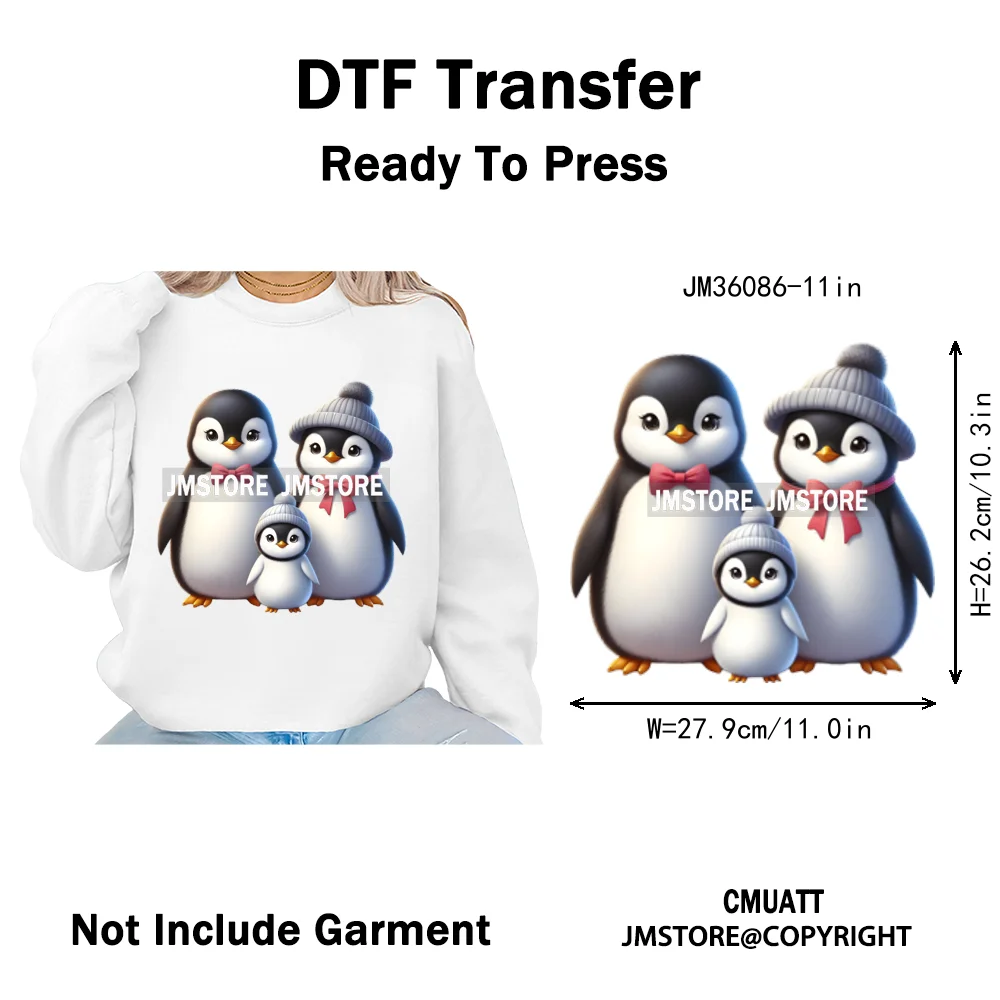 Cute Animal Penguins Coquette Hat Family Mom Father Baby Lovers Iron on DTF Heat Transfer Stickers Ready to Press for Hoodies