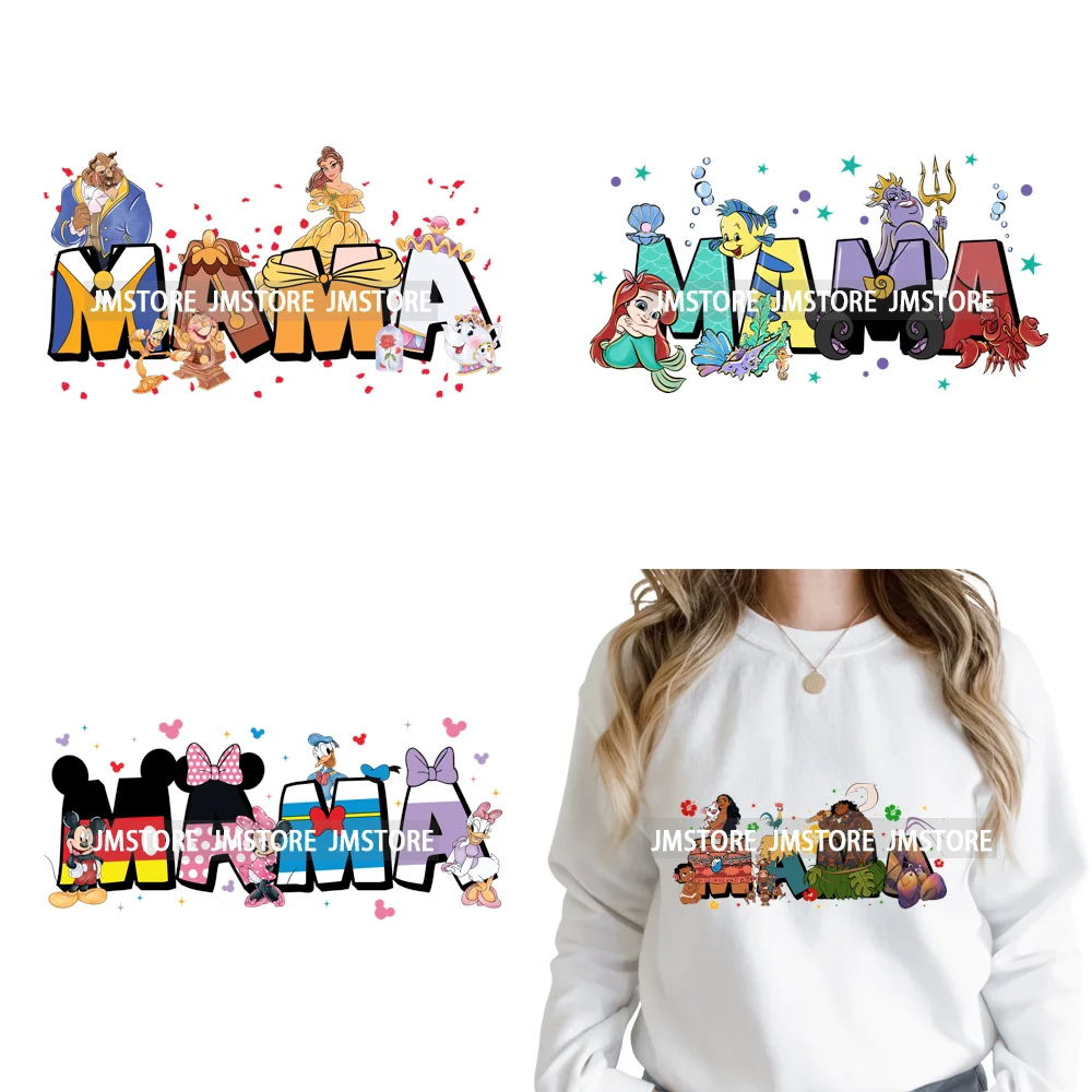 Cartoon Mama Princess Happy Mother's Day Family Vacation Iron on Washable DTF Heat Transfers Stickers Ready to Press for Hoodies