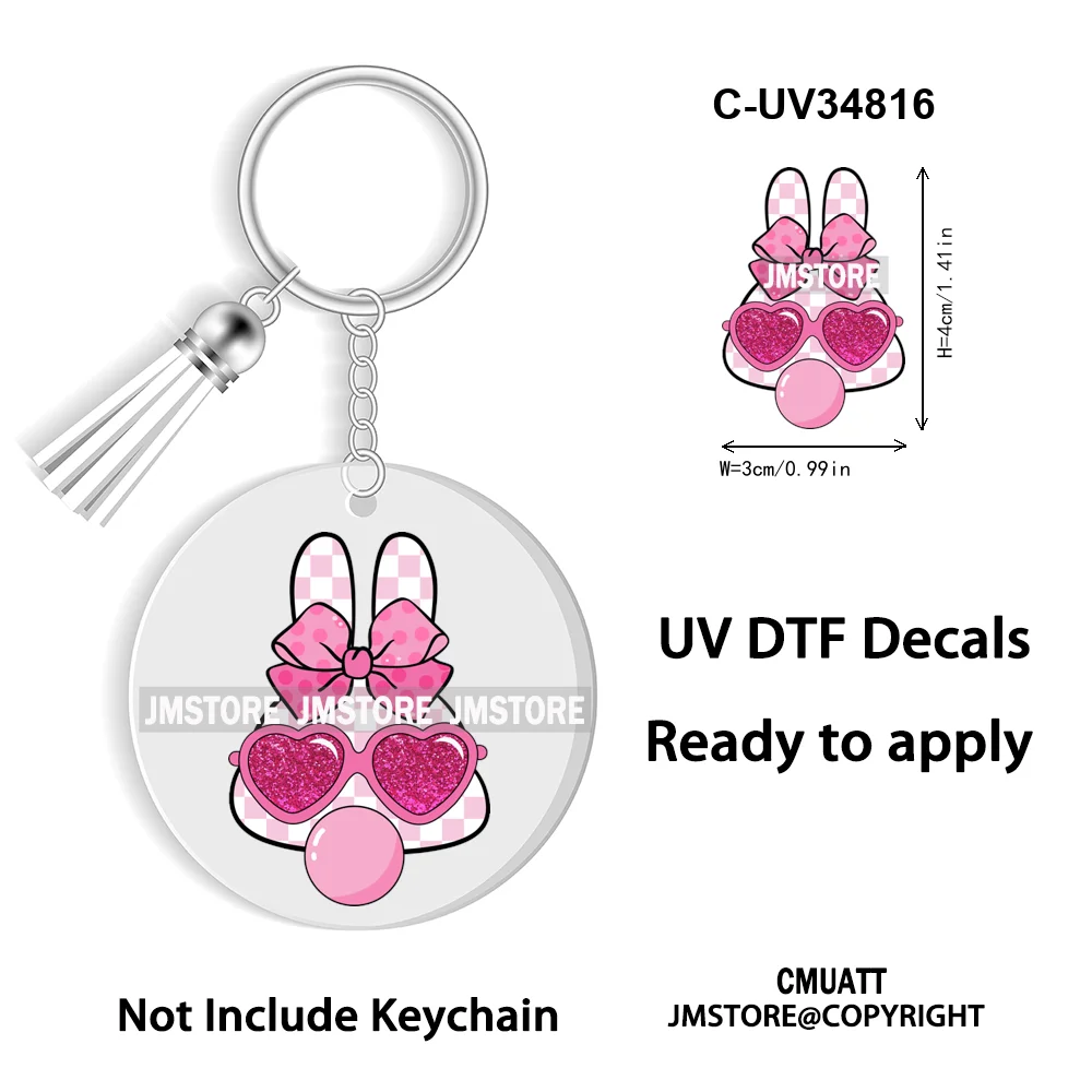 Faux Sequin Glitter Happy Easter Bow Retro Easter Bunny Blowing Bubble UV DTF Stickers for Round Circle Acrylic Keychain Keyring