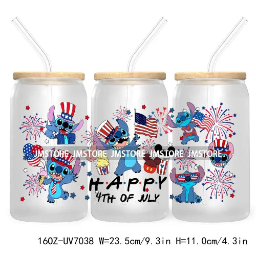 Happy 4TH Of July Cartoon Bear Friends 16OZ UV DTF Cup Wrap Transfer Stickers For Libbey Glass Can Cups Tumbler Waterproof Craft