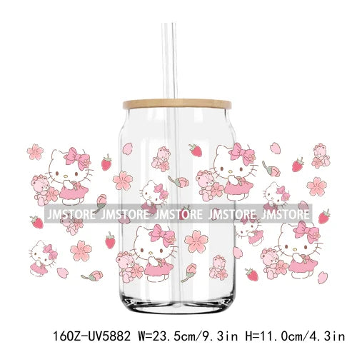 Flower Cartoon Cat With Pink Bow 16OZ UV DTF Cup Wrap Transfer Sticker Custom Label Durable Waterproof Logo For Libbey Glass Can