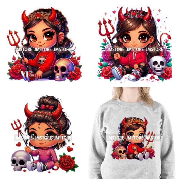 Chibi Cute Halloween Devil Latina Baby Hispanic Girls Skull Red Rose DTF Iron On Transfer Stickers Ready To Press For Sweatshirt