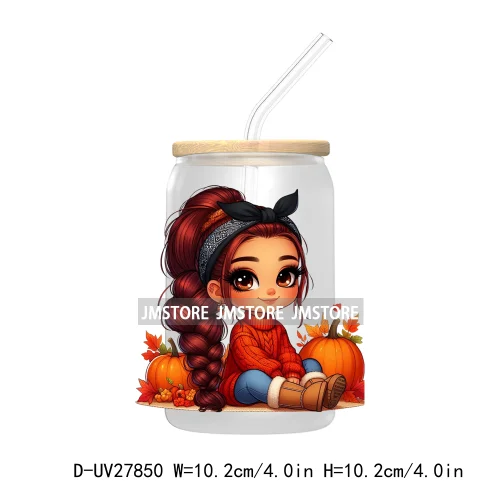 Latina Chibi Autumn Baby Little Girl UV DTF Transfer Stickers Decals For Libbey Cold Cups Mugs Tumbler Fall Vibes Pumpkin Season