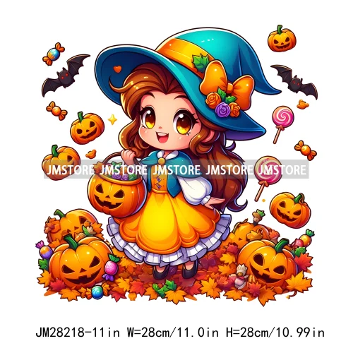 Washable Chibi Spooky Princess Pumpkin Halloween Trick Or Treat Witch Iron On DTF Transfers Stickers Ready To Press For Hoodies