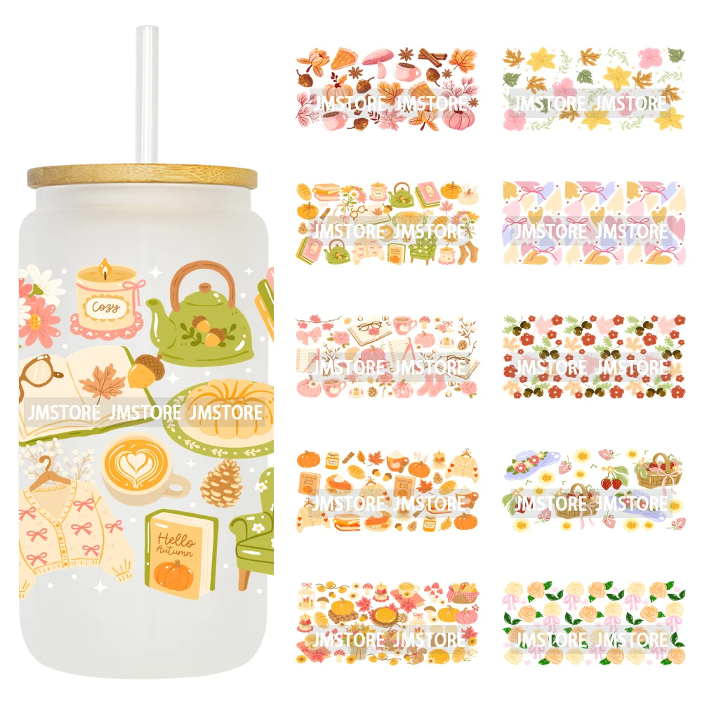 Cozy Autumn Food Fall Leaves Pumpkin 16OZ UV DTF Cup Wraps Ready To Apply Waterproof Transfer Stickers For Libbey Glass Can Mugs