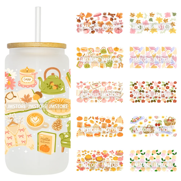 Cozy Autumn Food Fall Leaves Pumpkin 16OZ UV DTF Cup Wraps Ready To Apply Waterproof Transfer Stickers For Libbey Glass Can Mugs