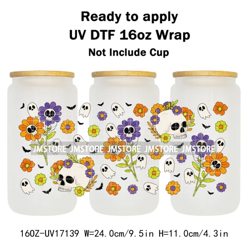 Spooky Season Halloween Pumpkin Ghost Witch Dogs UV DTF Wraps Transfer Sticker Selfadhesive Waterproof For 16OZ Libbey Glass Can