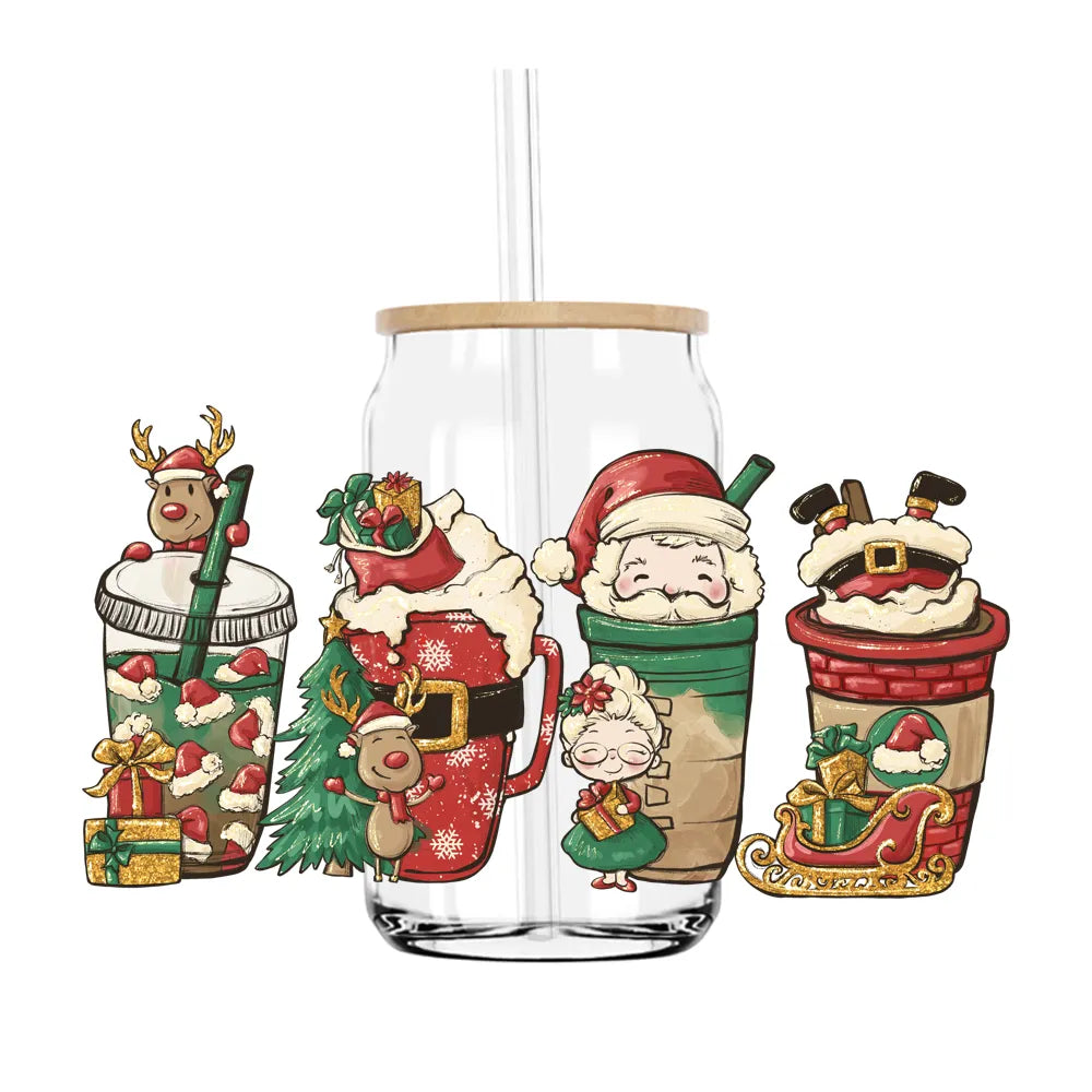 Christmas Coffee Santa 16OZ UV DTF Cup Wrap Transfers Stickers Custom Labels DIY Durable Waterproof Logo For Libbey Glass Can