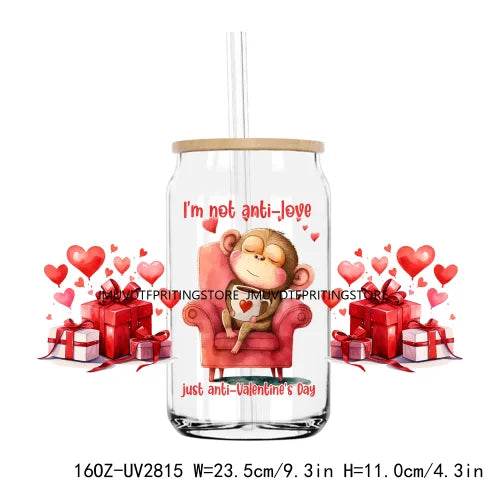 Valentines Teddy Bear With Red Roses UV DTF Sticker For 16OZ Libbey Glass Cup Can Wrap Transfer Sticker Custom Labels DIY Logo