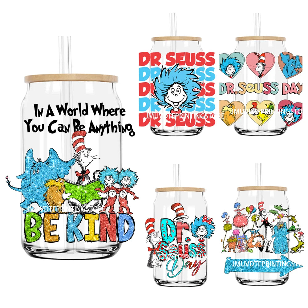 Dr Seuss Day Reading Books UV DTF Transfer Sticker Decals For Libbey Cold Cup Mugs Tumbler Teacher Life Love Waterproof DIY Logo