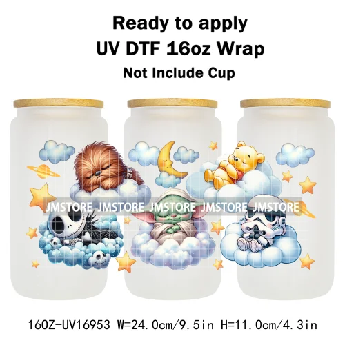 Cute Cartoon Character Sleeping On The Clouds UV DTF Stickers Ready To Apply Cup Wrap Custom Labels For 16OZ Libbey Can Glass