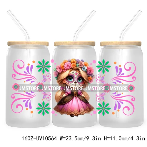 Dia De Los Muertos Mexican UV DTF Sticker For 16OZ Libbey Glass Cup Can Wrap Transfer Stickers Hispanic Halloween Sugar Skulls