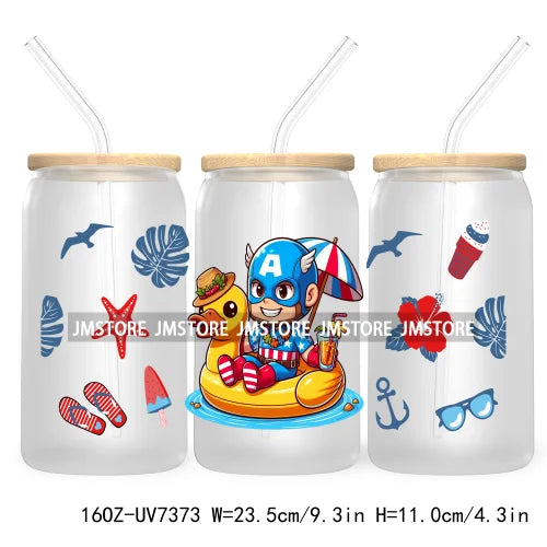 Hero Cartoon Summer Vacation 16OZ UV DTF Cup Wrap Transfers Stickers Custom Labels Durable Waterproof Logo For Libbey Glass Can