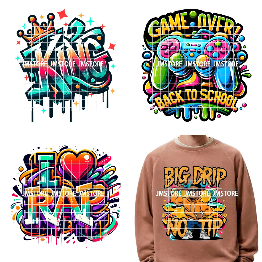 12in Graffiti Hip Hop Music Rap King Lover Video Pro Games Iron on Diy DTF Thermal Transfer Stickers Ready to Press for Clothing