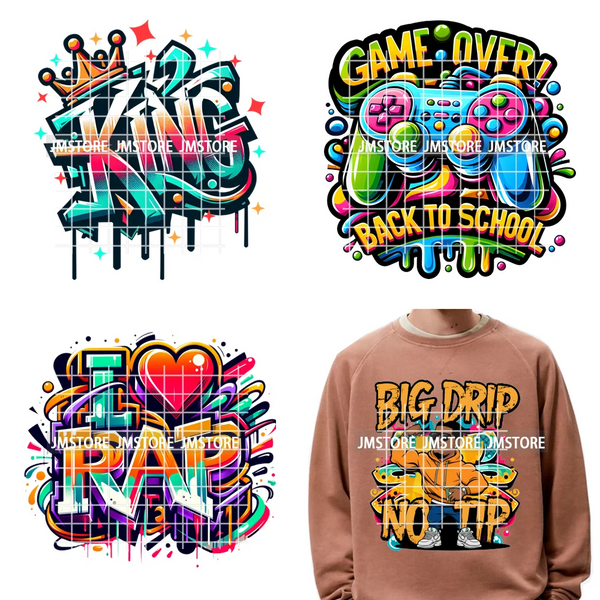 12in Graffiti Hip Hop Music Rap King Lover Video Pro Games Iron on Diy DTF Thermal Transfer Stickers Ready to Press for Clothing