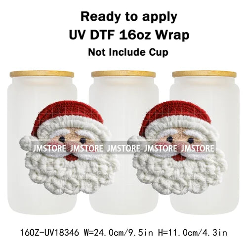 Faux Yarn Christmas Characters UV DTF Cup Wrap Ready To Apply Transfer Stickers Durable 16OZ Tumbler Wraps For Libbey Glass Can