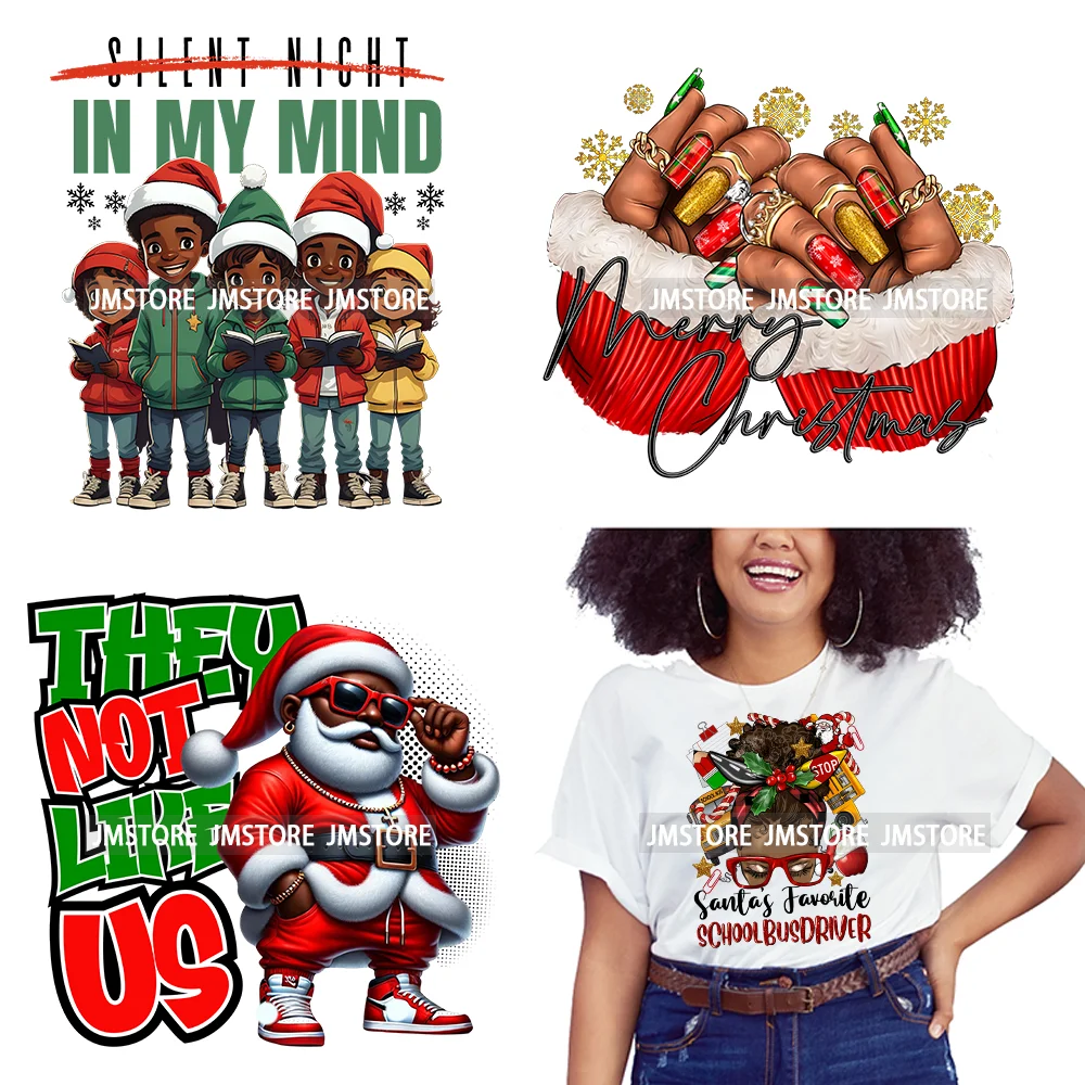 Just a Girl Who Loves Christmas Afro Woman Not Like Us Hip Pop Santa Iron On DTF Transfers Stickers Ready To Press For Hoodies