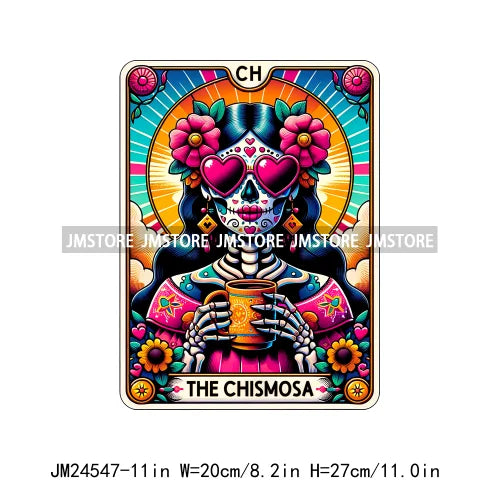 Funny Mexican Evil Eye Chismosa La Chigona Latina Skeleton Tarot Card Logos Iron On DTF Heat Press Transfer Stickers For Clothes