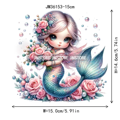 15cm 5.9in Cute Kid Flower Mermaid Iron On DTF Heat Transfer Sticker For Clothes Printed Thermal Applique Washable T-Shirt Decal