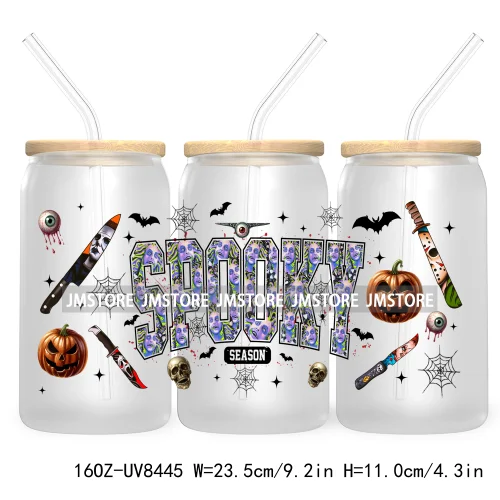 Halloween Characters 16OZ UV DTF Cup Wrap Transfer Sticker Custom Label Waterproof Logo For Libbey Glass Can Spooky Horror Movie