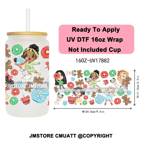 Christmas Cartoon Princess Merry Greenmas 16OZ UV DTF Cup Wraps Ready To Apply Waterproof Transfer Stickers For Libbey Glass Can