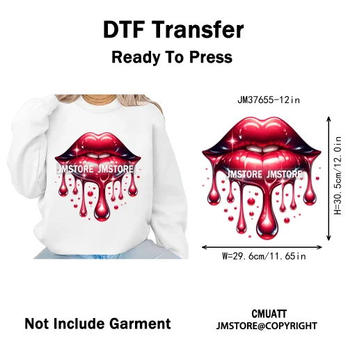 12in Glossy Dripping Lips Streetwear Graffiti Trap Girls Iron on DTF Thermal Transfer Stickers Ready to Press for Woman Clothing