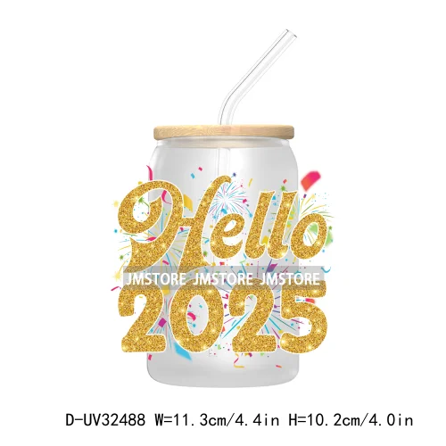 Retro Happy New Year 2025 Coquette Bow UV DTF Transfer Stickers Decals For Libbey Cold Cups Mugs Tumbler Waterproof Custom Logo