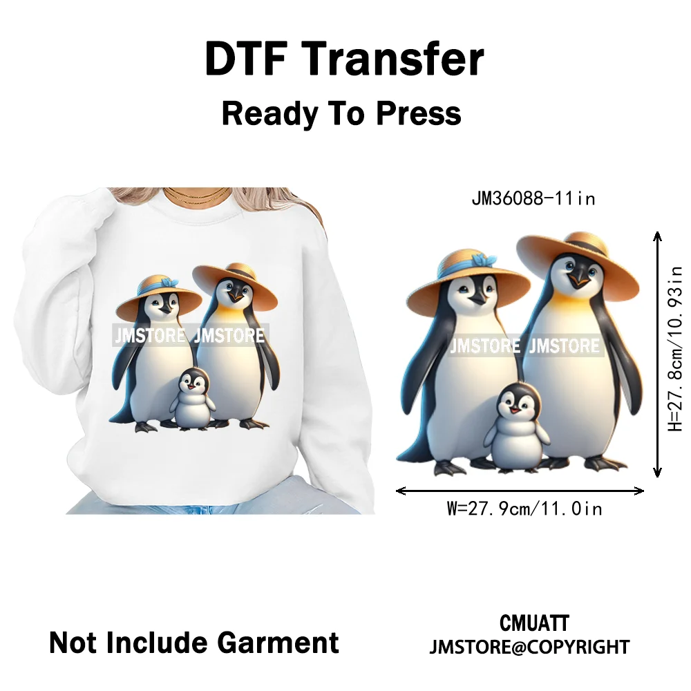 Cute Animal Penguins Coquette Hat Family Mom Father Baby Lovers Iron on DTF Heat Transfer Stickers Ready to Press for Hoodies