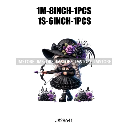 Gothic Girl Gnomes Halloween Witch Dolls Black Flowers Horror Vibes Iron On DTF Transfers Stickers Ready To Press For Clothing