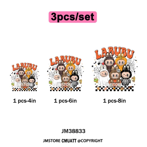 Cute Checkered Spooky Doll Monster Characters Halloween Iron on DTF Washable Heat Transfers Stickers Ready to Press for Textile