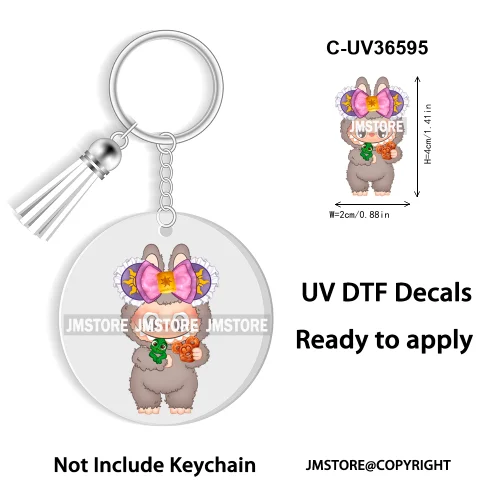 Coquette Bow Cartoon Monsters Doll In Costume Decal Round Keychain Ready To Apply UV DTF Transfer Stickers For Circle Keychain