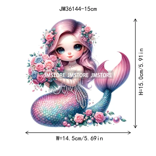 15cm 5.9in Cute Kid Flower Mermaid Iron On DTF Heat Transfer Sticker For Clothes Printed Thermal Applique Washable T-Shirt Decal