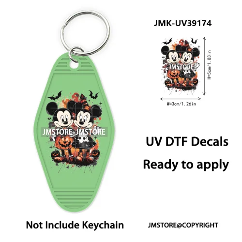 Spooky Halloween Cartoon Character Couple UV DTF Motel Keychain Wrap Ready To Apply Waterproof High Quality Hotel Keychain Decal