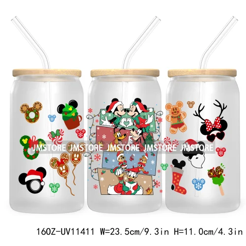 Merry Christmas Cartoon Couple 16OZ UV DTF Cup Wrap Ready To Apply For Libbey Glass Can Cup Tumbler Gingerbread Candy Cane Mouse