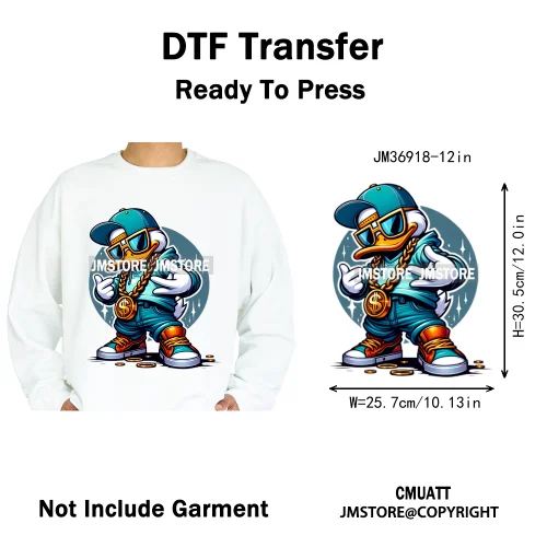 12in Cartoon Streetwear Duck Off Hip Hop Gangster Animal Vibes Iron on DTF Transfers Stickers Ready to Press for T-shirts Bags