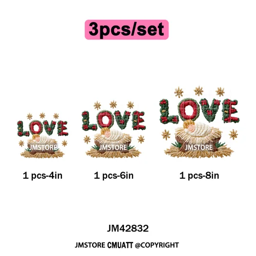 Trendy Faux Yarn Crochet Joy Love Jesus Christian Christmas Iron on DTF Washable Transfers Stickers Ready to Press for Textiles