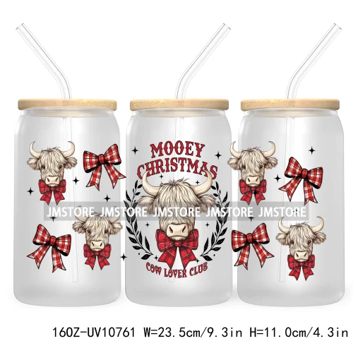 Christmas Highland Cow Coquette Bow 16OZ UV DTF Cup Wrap Waterproof Transfer Stickers For Libbey Glass Can Christmas Gingerbread