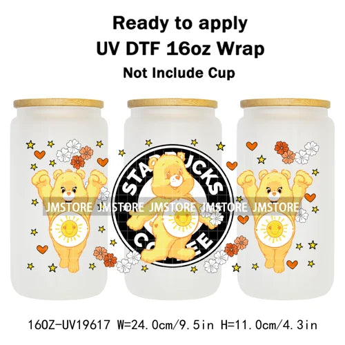 Cheerful Floral Hearts Cartoon Bears Clipart UV DTF Transfer Stickers Cup Tumbler Wrap For 16OZ Libbey Glass Bottle Cup Wraps