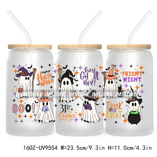 Cute Ghoul Halloween 16OZ UV Cup Wrap DTF Transfer Stickers For Libbey Glass Can Cups Tumbler Waterproof Labels Ghost Reading