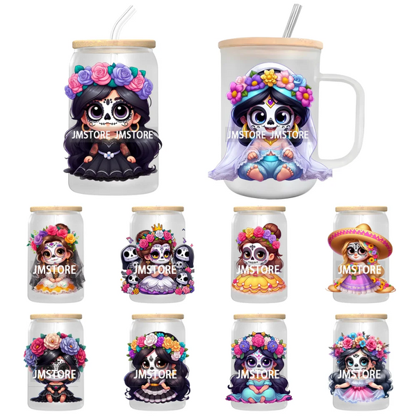 Cute Latina Cartoon Princess Baby Girl UV DTF Transfer Stickers Decals For Libbey Cold Cups Mug Tumbler Labels Sugar Skull Woman