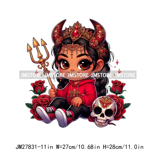 Chibi Cute Halloween Devil Latina Baby Hispanic Girls Skull Red Rose DTF Iron On Transfer Stickers Ready To Press For Sweatshirt