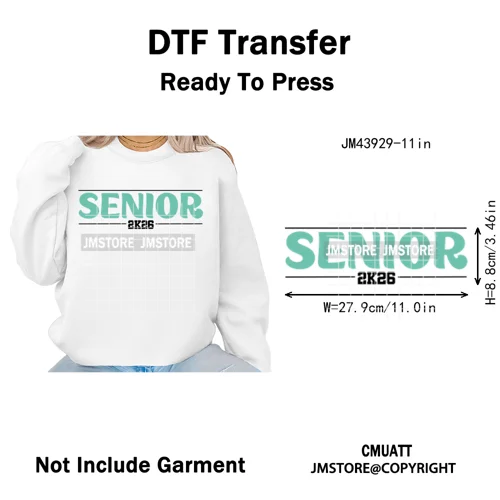 College Mega Senior 2K26 Coquette Class of 2026 Iron on Washable DTF Heat Transfers Stickers Ready to Press for Textiles Bags