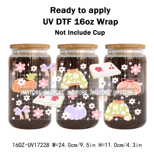 Bookish Autumn Fall Coquette Pumpkins Season UV DTF Wraps Transfer Sticker Selfadhesive Waterproof For 16OZ Libbey Glass Can Mug