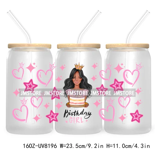 Pink Birthday Girl Queen 16OZ UV DTF Cup Wrap Transfer Stickers Custom Labels DIY Durable Waterproof Logo For Libbey Glass Can