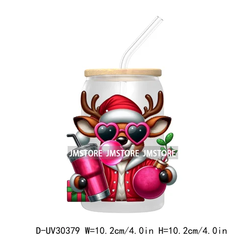 Retro Santa Christmas Blowing Bubble UV DTF Transfer Stickers Decals For Libbey Cold Cups Mugs Tumbler Waterproof Craft Xmas Mom