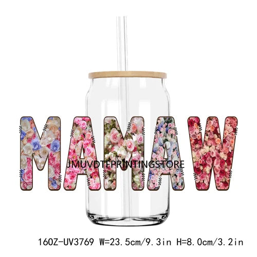 Flower Family Mama Nana UV DTF Sticker For 16OZ Libbey Glass Cup Can Wrap Transfer Sticker Custom Labels DIY Logo Dogmom