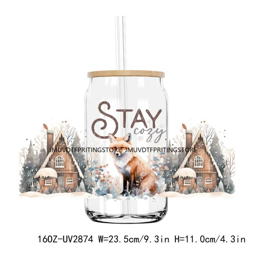 Winter Woodland Animals 16OZ UV DTF Cup Wrap Transfer Stickers Custom Labels DIY Waterproof Logo For Libbey Glass Can Snow Vibes