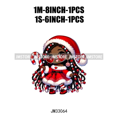 Chibi Candy Santa Girl African American Characters Merry Christmas Gift Iron On DTF Transfer Stickers Ready To Press For Clothes