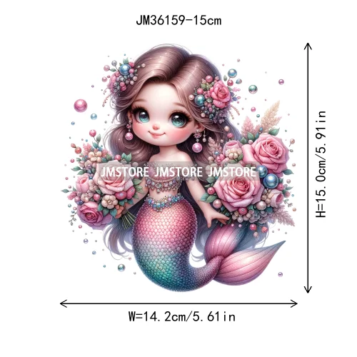 15cm 5.9in Cute Kid Flower Mermaid Iron On DTF Heat Transfer Sticker For Clothes Printed Thermal Applique Washable T-Shirt Decal
